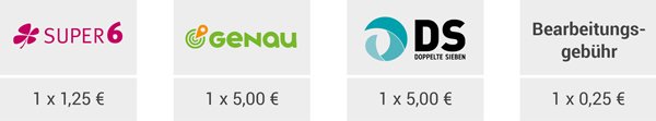 Preisübersicht Maxi Schein: SUPER6 1x1,25 Euro, GENAU 1x5,00 Euro und Doppelte Sieben 1x5,00 Euro