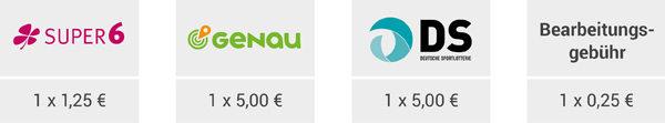Preisübersicht Maxi Schein: SUPER6 1x1,25 Euro, GENAU 1x5,00 Euro und Deutsche Sportlotterie 1x5,00 Euro