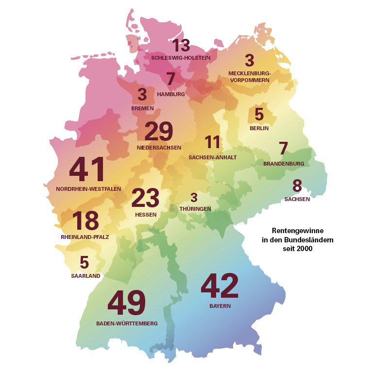Die Deutschlandkarte der GlücksSpirale-Rentengewinner: 23 Gewinner in Hessen (seit 2000)