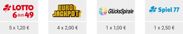 LOTTO 6aus69 (5x1,20€), Eurojackpot (4x2,00€), GlücksSpirale (1x5,00€), Spiel77 (1x2,50€))
