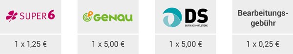 Preisübersicht Maxi Schein: SUPER6 1x1,25 Euro, GENAU 1x5,00 Euro und Deutsche Sportlotterie 1x5,00 Euro